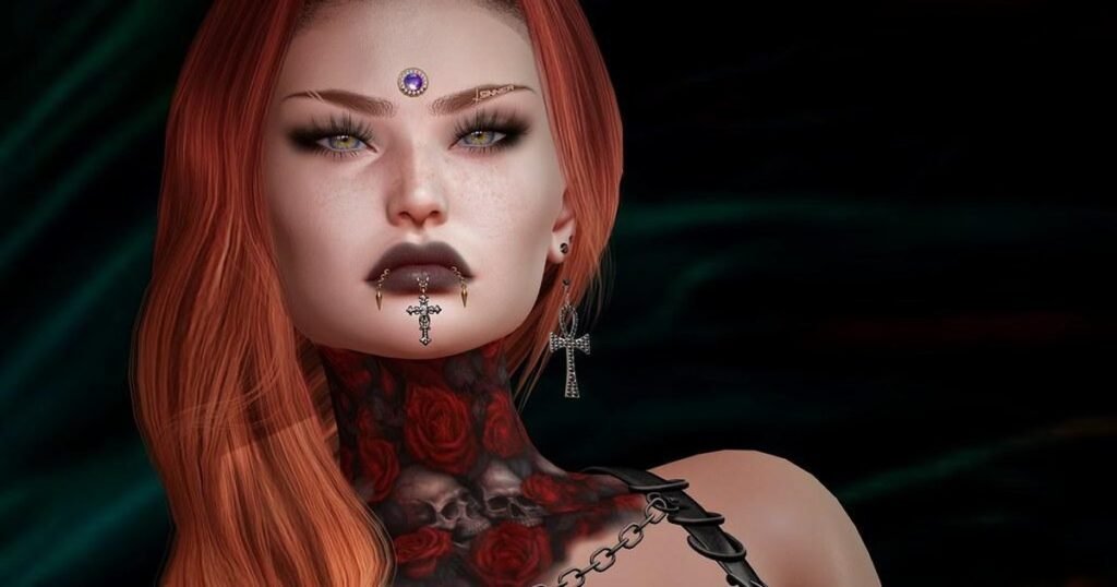 Mujer con tatuajes góticos de rosas y calaveras en el cuello — look dark completo