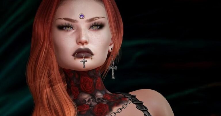Mujer con tatuajes góticos de rosas y calaveras en el cuello: look dark completo